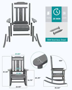 🥨SERWALL Oversized Rocking Chair Outdoor, HDPE Outdoor Rocking Chair, Grey