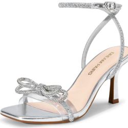 DREAM PAIRS Double Bowknots Heels Open Square Toe Silver Rhinestone Shoes