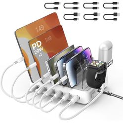 Charging Station for Multiple Devices,75W 6 Port Charger Station with 3 PD 20W USB C Fast Charging Ports,7 Charging Cables,USB C Charging Dock for iPh