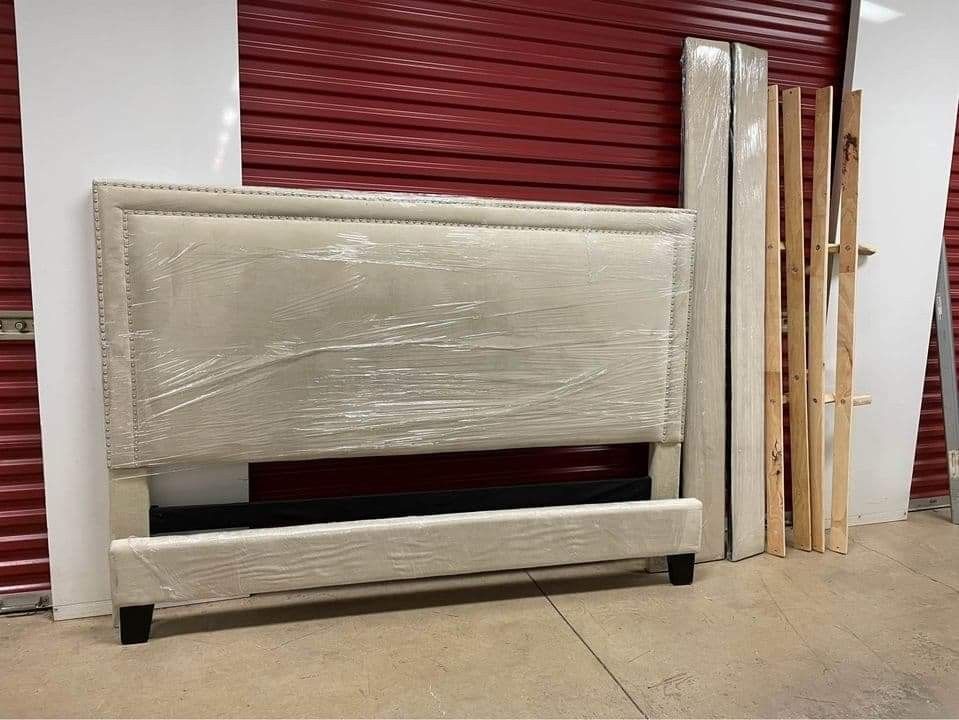 Cream Color Velvet Studded Upholstered King Bed Frame