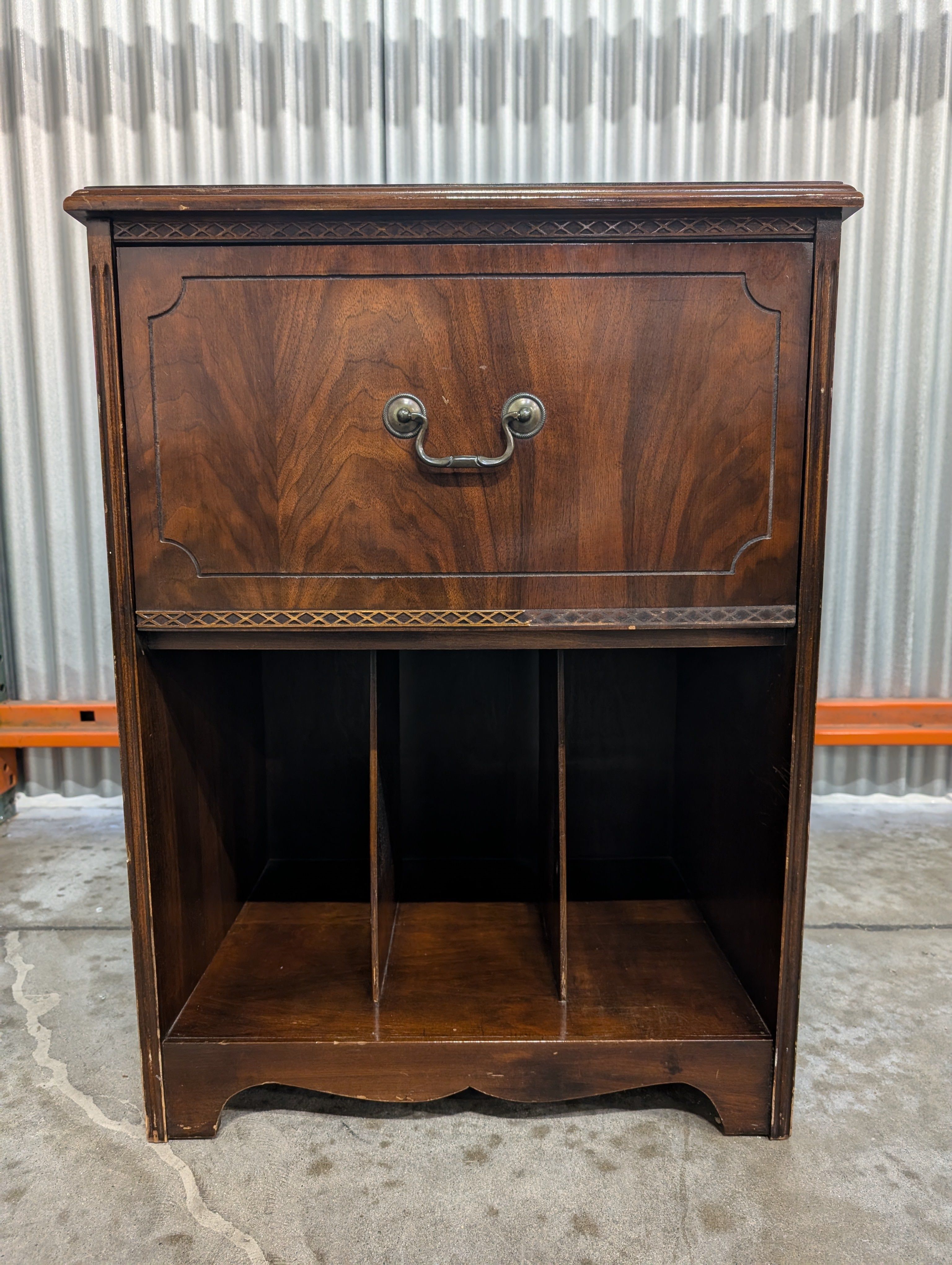 Dark Stained Wood Side Cabinet with Drawer and Open Shelves