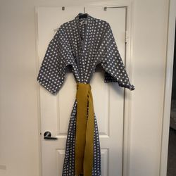 Japanese Yukata Robe – Navy Asanoha Pattern + Mustard Obi