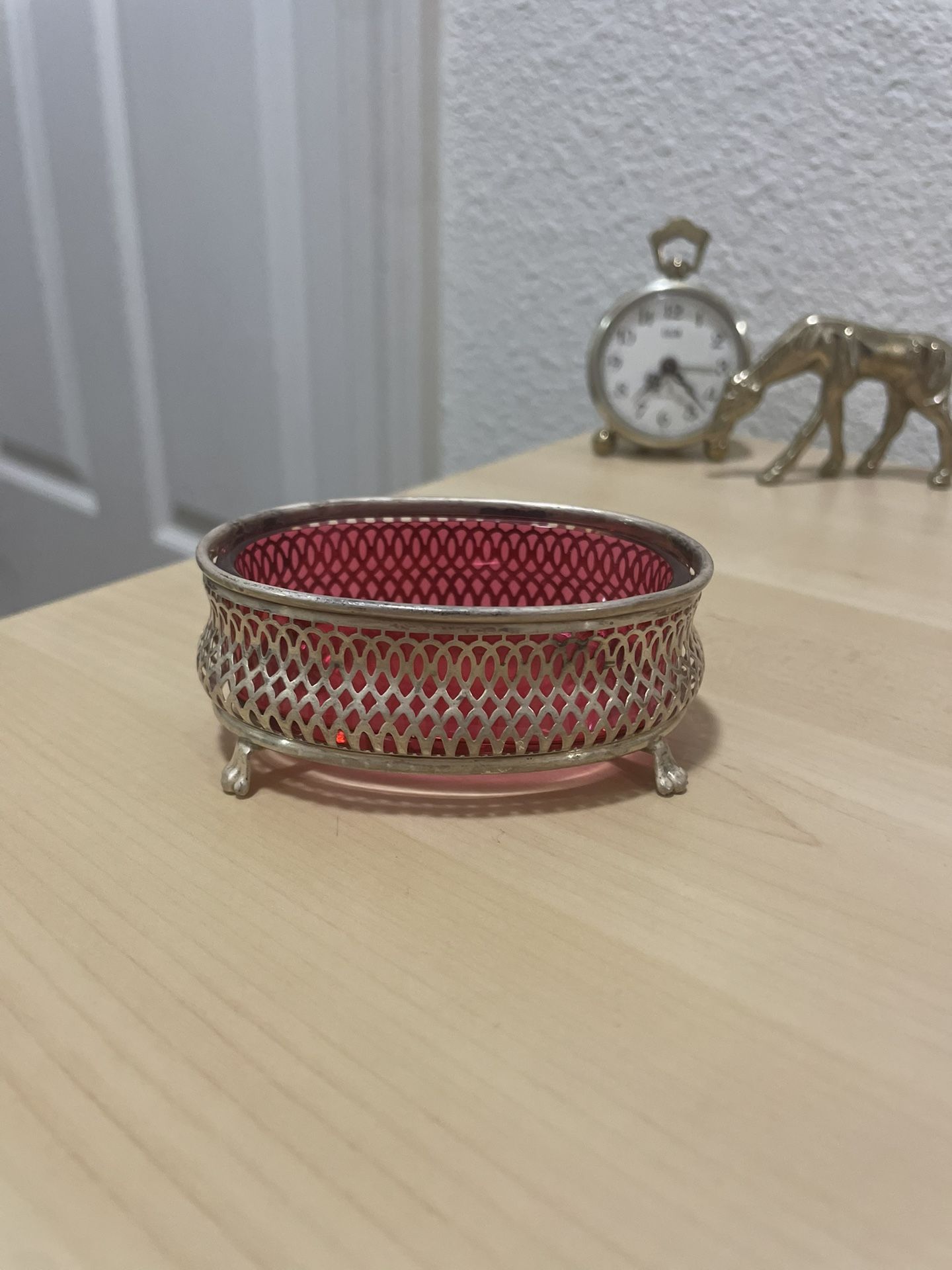 Sterling Silver Cranberry/Pink Glass Open Salt/Trinket Dish, with Feet