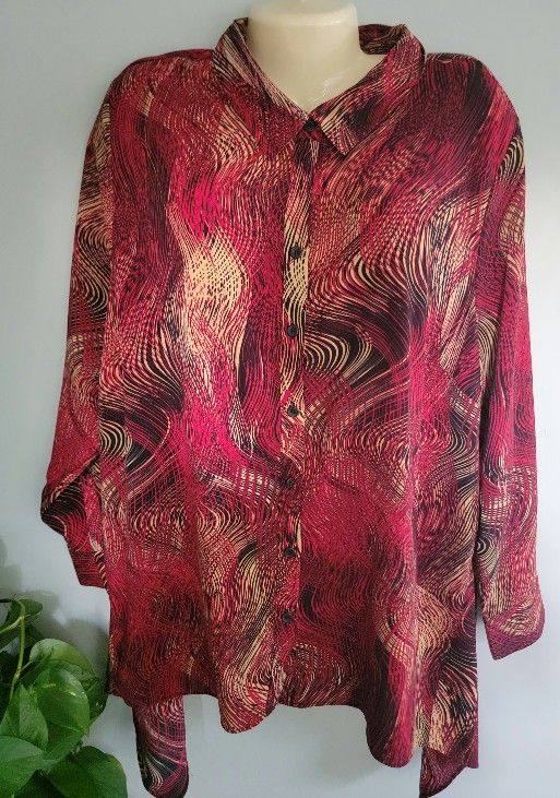 Catherines Plus Size Long Sleeve 1X Blouse Button Front Dk Red Black Tan