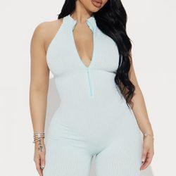 Fashion Nova Light Blue Ribbed Jumpsuit (L) 