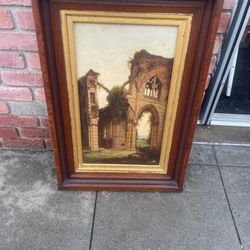 Antique 1900s Framed Victorian Oil Painting Abby Ruins 32 By 22 