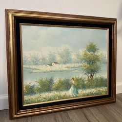 Peaceful walk by the lake framed original oil painting
