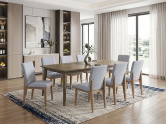 9-Piece -Dining Set, Extendable 72-88" Vintage Walnut Table & 8 Gray Linen Chairs