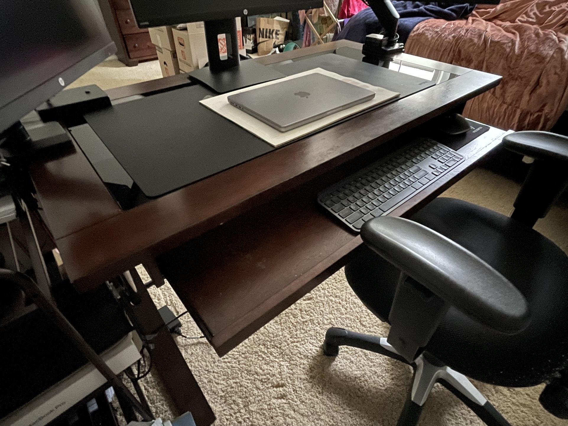 Dark Cherry Wood, Glass, and Metal Desk