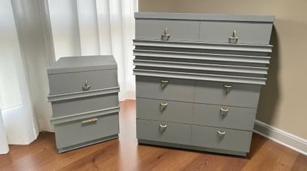 Refinished Mid Century Modern Gray Dresser & Nightstand