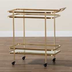 Glam Brushed Gold Finished Metal And Mirrored Glass Wine Bar Cart