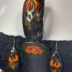 Hand Painted Peacock Bangle & Earrings Set & Brooch Pin