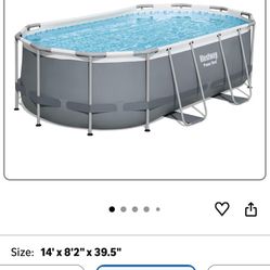 Bestway 56631E-BW Power Steel Oval Frame Above Ground Backyard Summer Swimming Pool Set with Filter Pump and Safety Ladder, 14' x 8' x 39" (Gray)