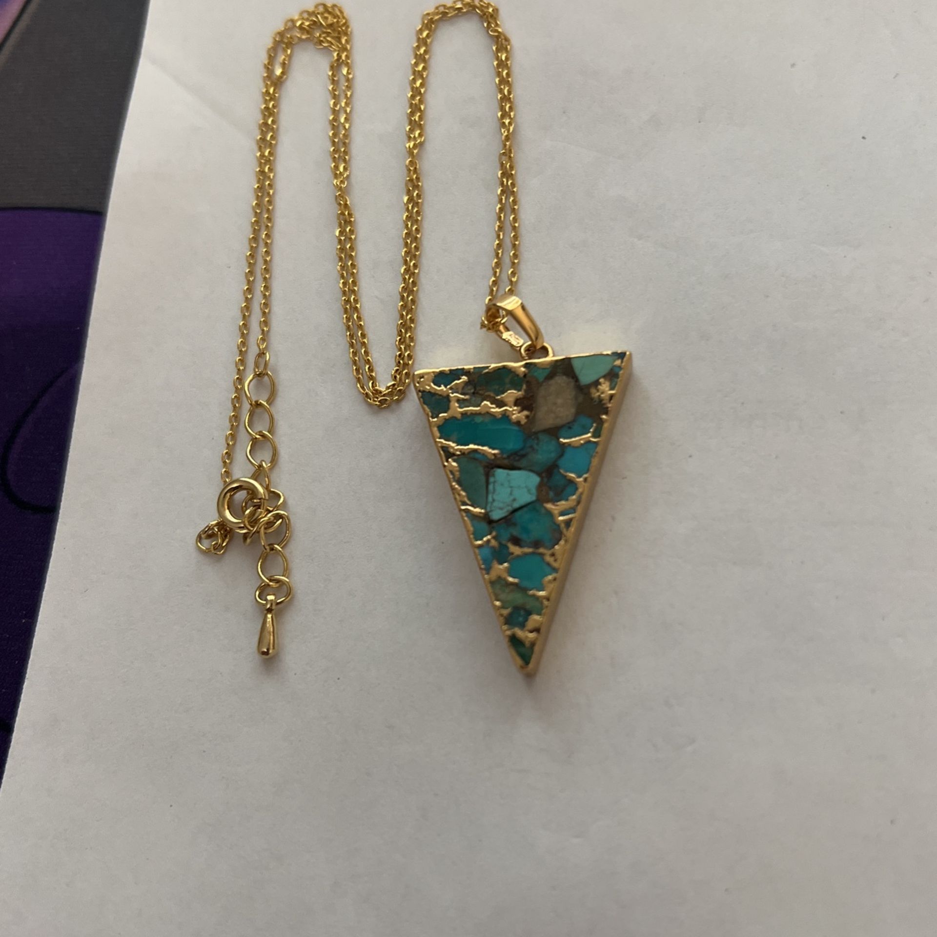 GENUINE TURQUOISE BOTH SIDES PENDANT NECKLACE 16K GOLD OVER BRASS