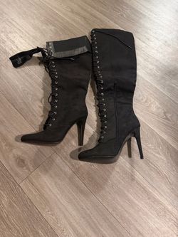 Black Lace-Up Over-the-Knee Heeled Boots – Size 10