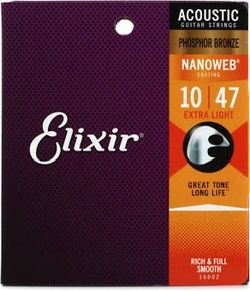 Elixir Strings, Acoustic Guitar Strings, Phosphor Bronze with NANOWEB Coating, Longest-Lasting Rich and Full Tone with Comfortable Feel, 6 String Set,