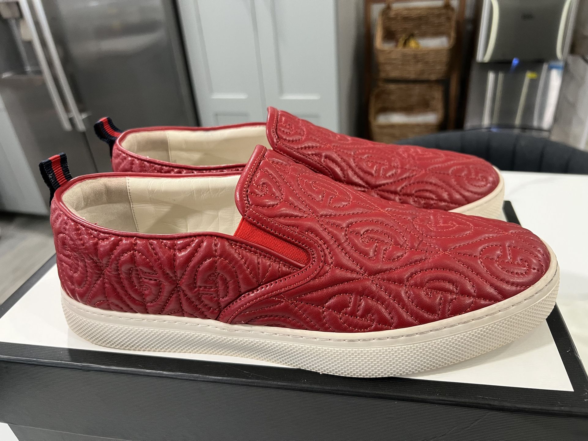 Gucci Dublin Rhombus Quilted Red GG Leather Slip On Sneakers slightly use comes with original box and shoe dust bags