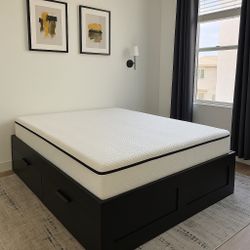 IKEA Brimnes Queen Bed Frame with Storage + Memory Foam Mattress
