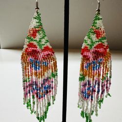 Long Loom Beaded Earrings with Fringe Colorful Design Southwestern Dangle New