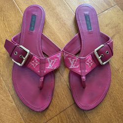 Louis Vuitton Sandals Flip Flops Leather Authentic Pink Peony Raspberry LV 
