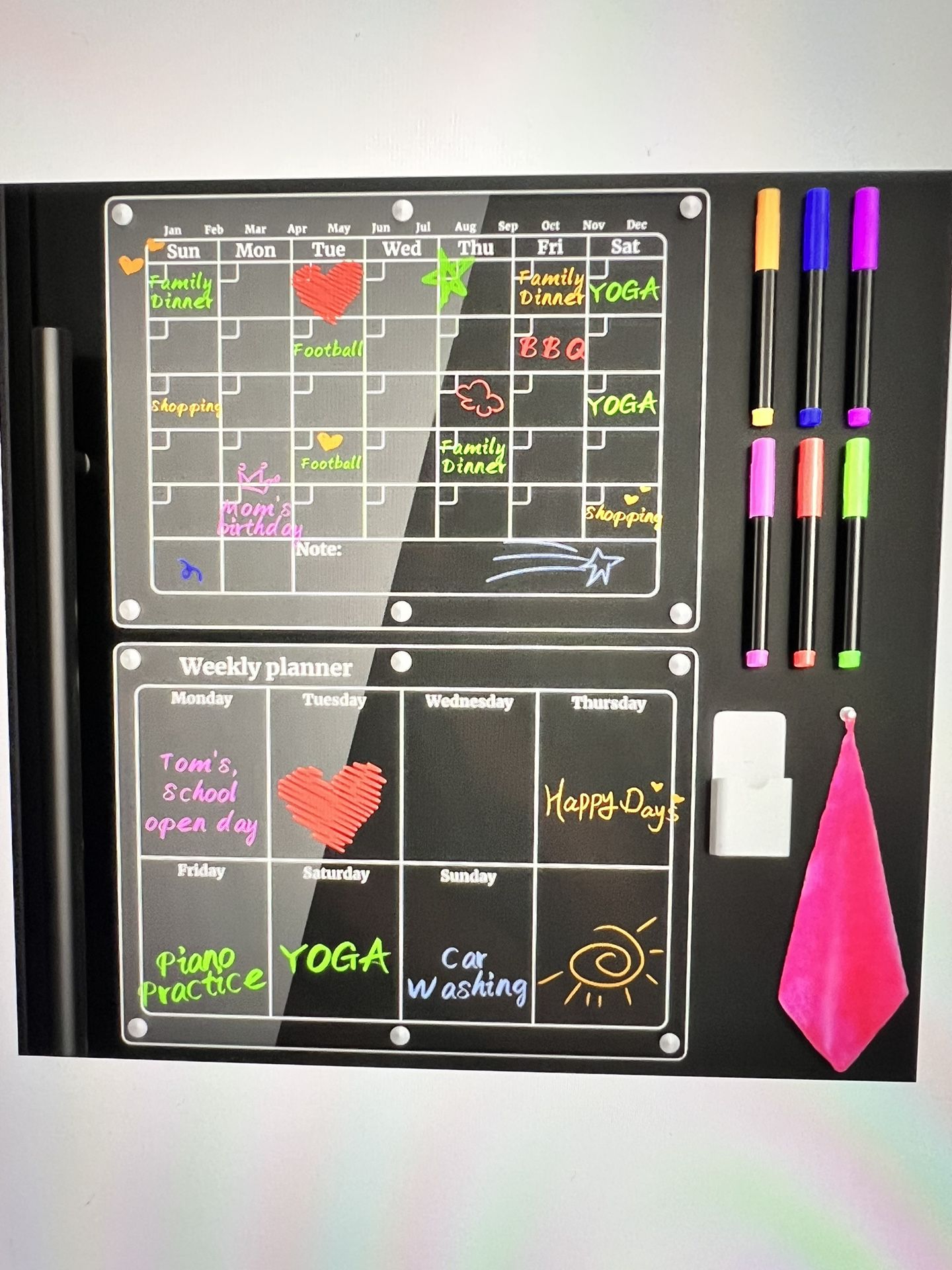 Acrylic Magnetic Calendar for Refrigerator,2pcs Magnet Fridge Calendar Weekly&Monthly 16"x12",Reusable Dry Erase Planning Board for Fridge with 6 High