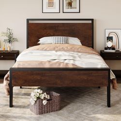 Twin Size Metal Platform Bed Frame with Wooden Headboard and Footboard, Mattress Foundation, No Box Spring Needed, Large Under Bed Storage, Heavy Duty