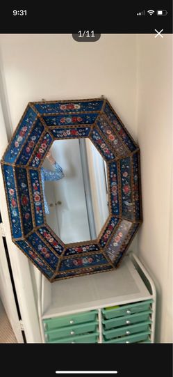 Vintage Octagonal Peruvian Reverse-Painted Floral Glass Wall Mirror