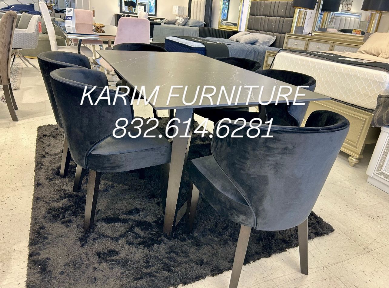 BLACK ON BLACK DINING SET & 6 CHAIRS