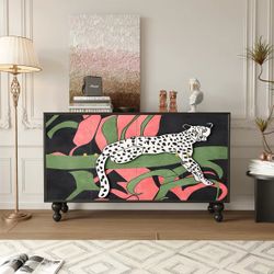 Large 4-Door Sideboard / Bar Cabinet – One-Piece Leopard Design