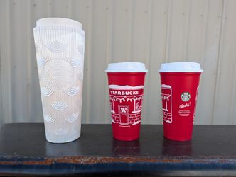 3 NEW Starbucks Reusable Cups with Lids Red Cup Day White Mermaid