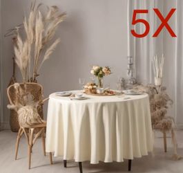 5 Pcs Ivory 90 inch  Round Polyester Table Cloth Tablecloth Table Cover Party Wedding Linen  Easy laundering in your home washing machine, Easy care -