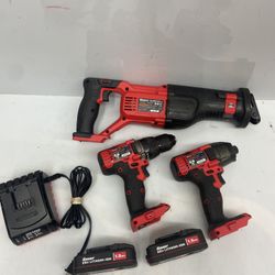 3 Tools Kit Drill Driver Reciprocating Saw 2 Batteries And Charger 
