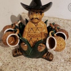 Vintage Agave Tequila Decanter Mexican Ceramic Barware 9 Pieces Pottery Set 