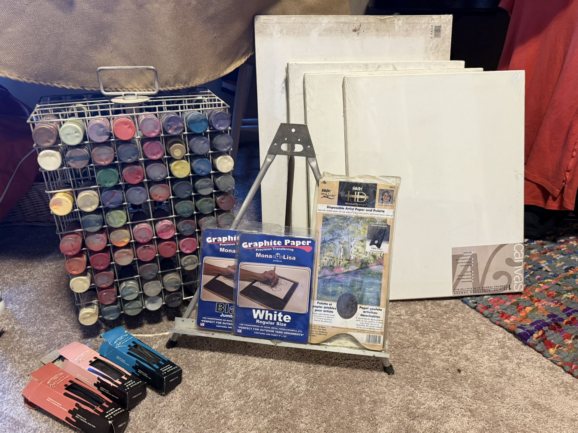 100 + Acrylic Paints, Rotating Display/Storage Carousel, Charcoal Pencils, Easel, Graphite Paper, Disposable Artist Paper & Palette, & 6 Canvas