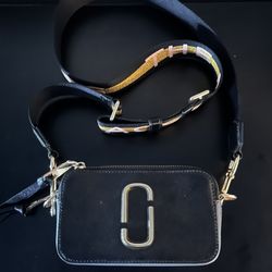 Marc Jacobs Black Leather Crossbody with Pink and Gold Strap Accents