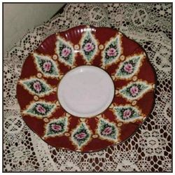 VINTAGE HAND PAINTED PORCELAIN FLORAL FLOWER ROSE BURGUNDY GOLD BOWL PLATE DISH DECOR ART DISPLAY