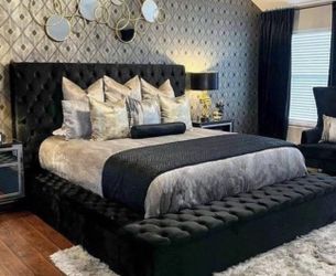 Paris Black Velvet Queen Size Storage Platform Bed. Brand New . MATTRESS IS NOT INCLUDED .