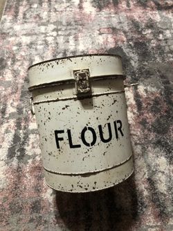 vintage metal flour canister with a side handle and latch lid 11 x10.5 Tall