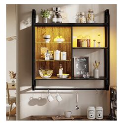 NEW - Gaming Floating Shelves, 34" LED Wall Mounted Shelf with Adjustable Glass Shelf, Pipe Shelves Hanging Display Rack Bookshelf with 6 S-Hook, Gami