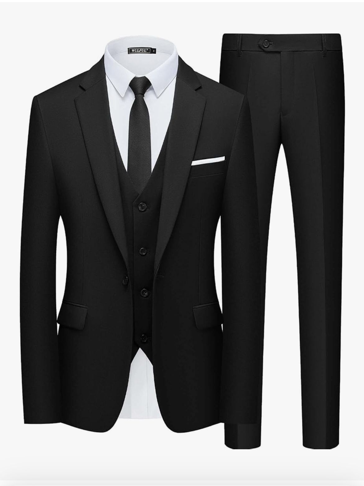 WULFUL Men’s Slim Fit Suit One Button 3-Piece Blazer Dress Business Wedding Party Jacket Vest & Pant