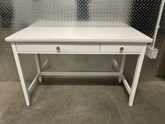 White Two-Drawer Desk with Gold Knobs