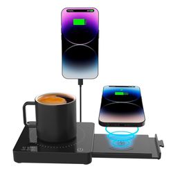 (4040) Coffee Mug Warmer with 15W Wireless Charger Auto Shut Off & USB-A Charging, 3 in 1 Mug Warmer Candle Warmer Phone Holder 3 Temp Settings Coffee