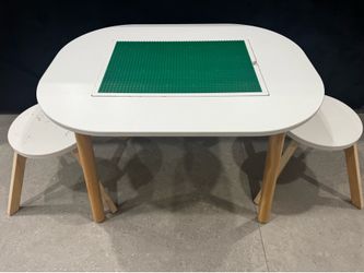 Kids Lego table with reversible top and two stools