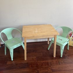 Kids Wooden Play Table And Metal Chairs