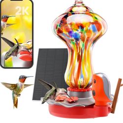 New-Glass Smart Hummingbird Feeder with 2K HD Camera Solar Powered - AI Identify & Water Detection, Instant Notification, Leakproof & Ant Moat, Work w