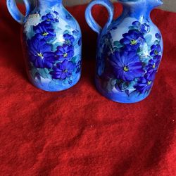 5.5 Inch Handmade Hand Painted Blue Ceramic Oil/Vinegar Set With Tray Imported From Greece