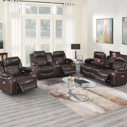 Power Recliner Sofa Set With Console And USB Port 