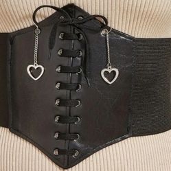 Lace Up Corset Black Elastic Silvery Heart Dangles Size L 32" To 35" Goth Punk