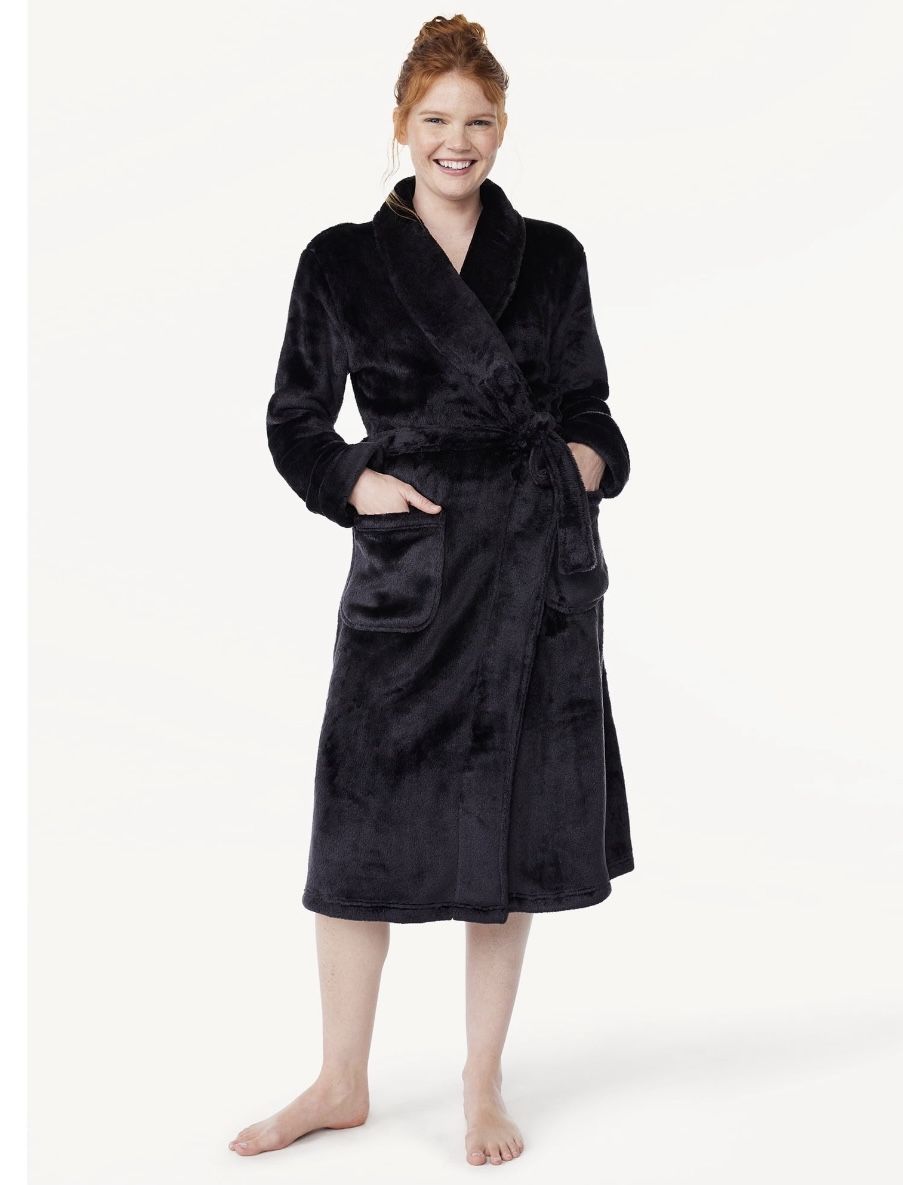Brand New Joyspun Women's Soft Plush Black Robe size 4-6 (S/M)