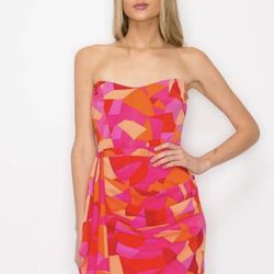 Luxxel Pink and Orange Strapless Dress Luxxel Turn heads at your next cocktail event with this stunning Luxxel dress. Featuring a vibrant pink and ora